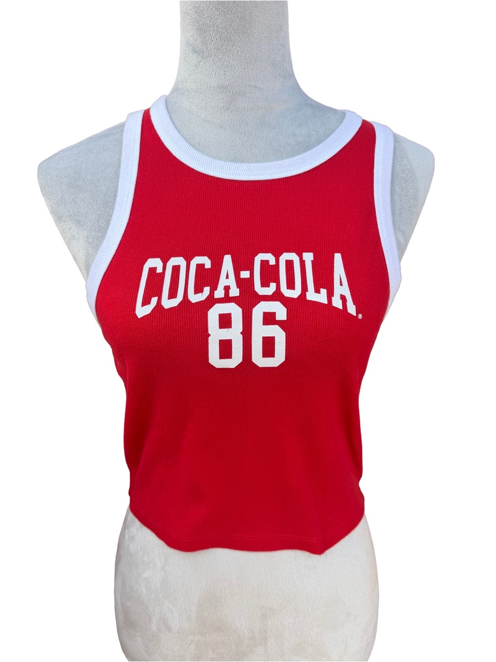 Coca Cola Graphic Crop Tank Top Red White Ribbed Rib Knit Size Large Mad Engine